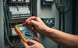 Electrical technician testing electrical panel with digital multimeter for safety and functionality.