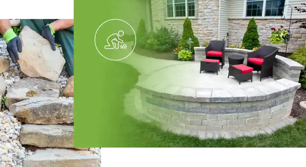 Outdoor stone patio with seating area and fire pit for relaxing and entertaining. Perfect for enhanc.
