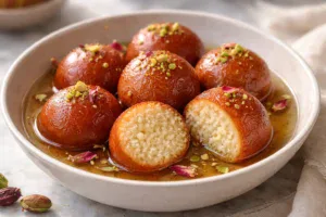 Bread gulab jamun without khoya soaked in sugar syrup