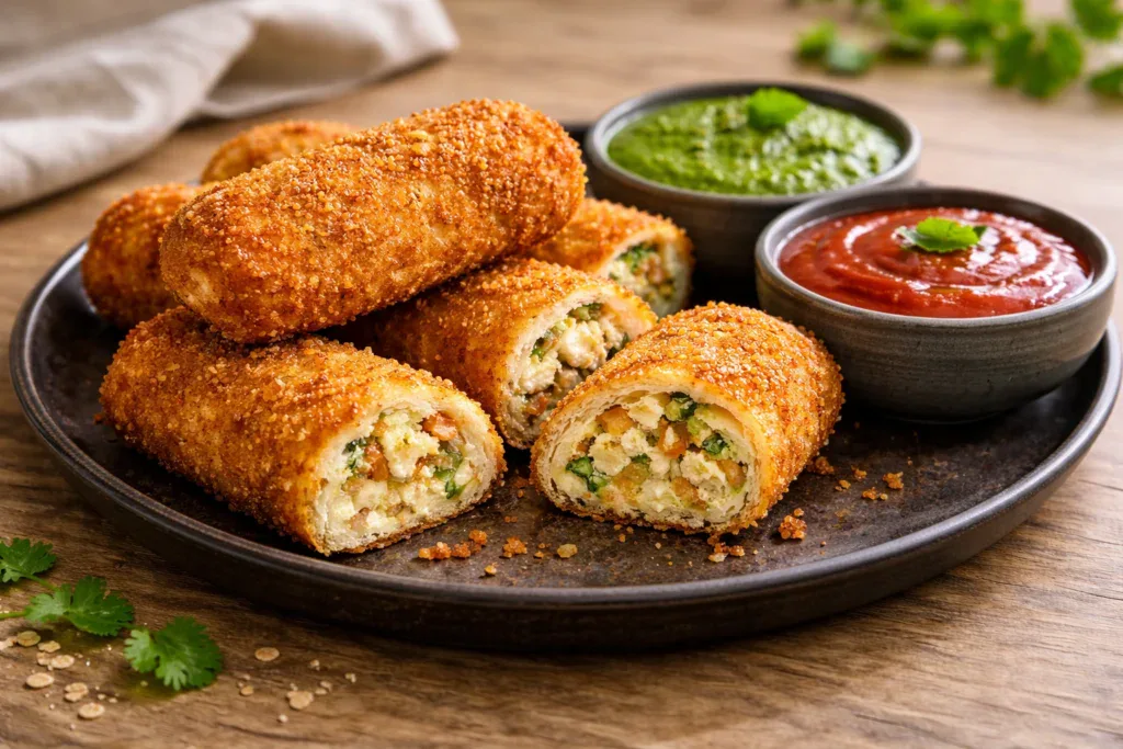 Crispy paneer bread rolls served with green chutney and ketchup