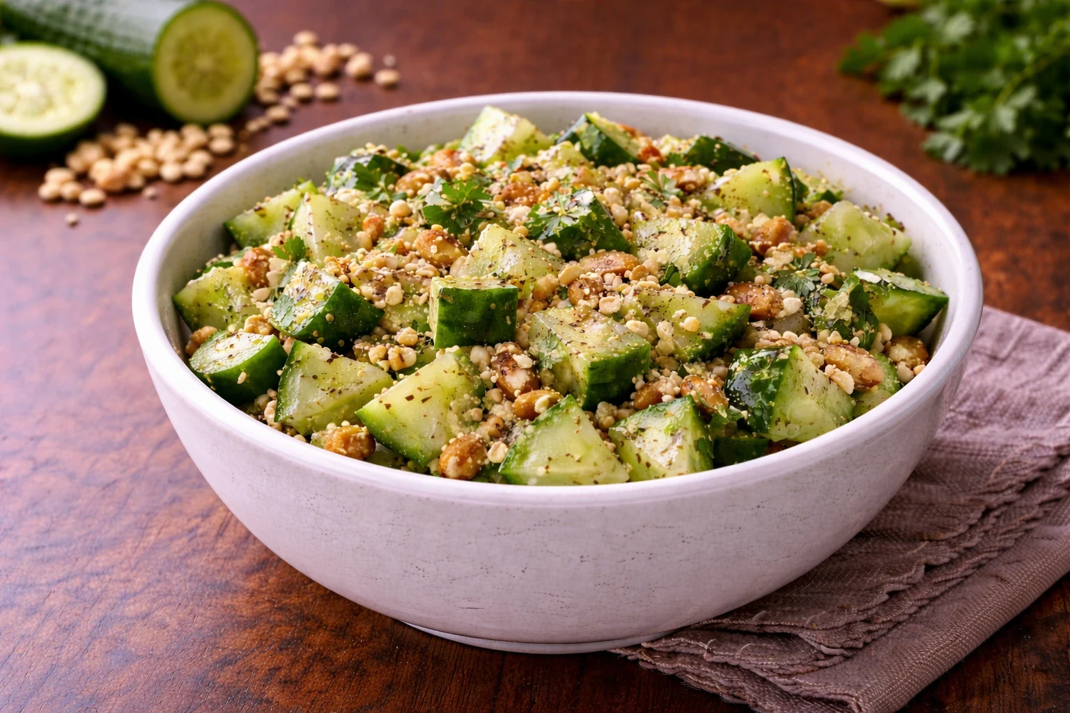 Cucumber peanut salad served fresh in a bowl