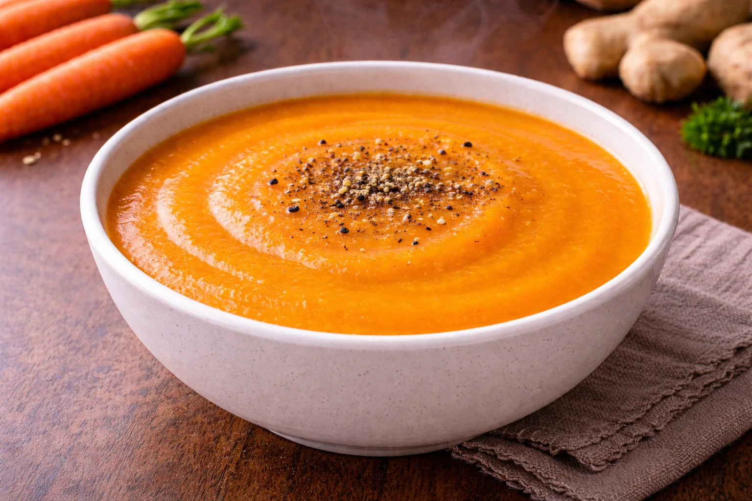 Hot carrot ginger soup served in a bowl