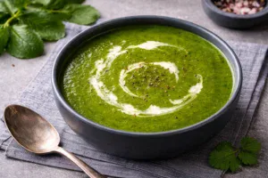 Hot palak soup served in a bowl garnished with black pepper
