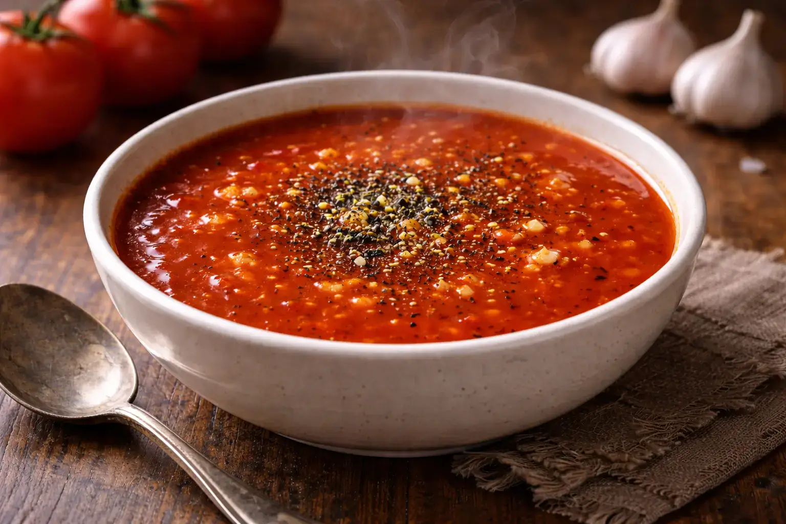 Hot tomato garlic soup served in a bowl with garlic and black pepper