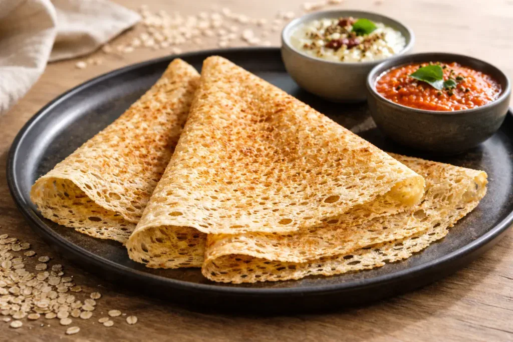 Instant oats dosa served with coconut chutney and tomato chutney