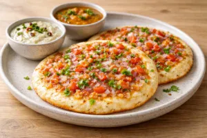 Instant rava uttapam served with coconut chutney and sambar