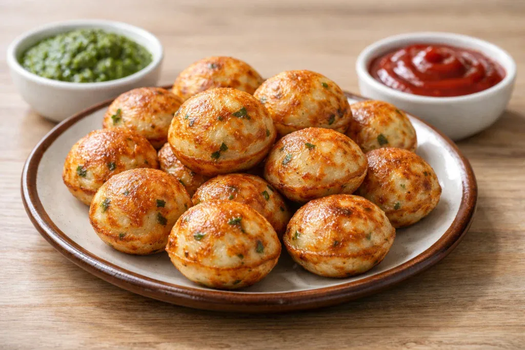 Instant suji appe served with green chutney and ketchup