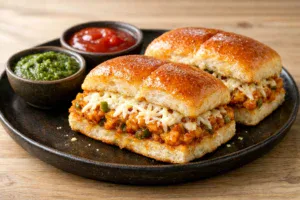 Mumbai-style masala pav toast with melted cheese, served with green chutney and ketchup.