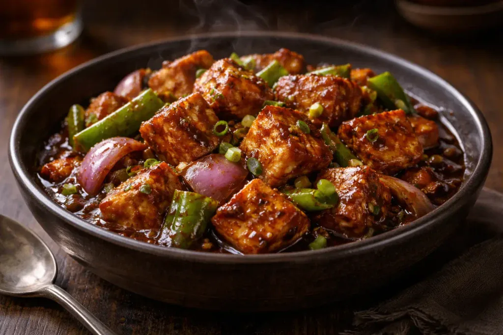 Restaurant style chilli paneer dry with capsicum and spring onion