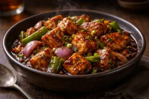 Restaurant style chilli paneer dry with capsicum and spring onion