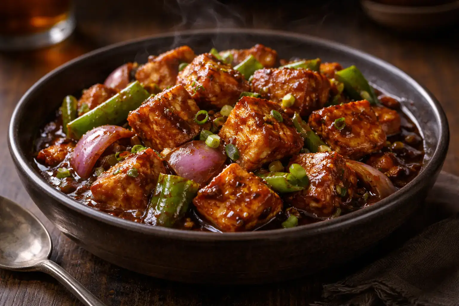 Restaurant style chilli paneer dry with capsicum and spring onion