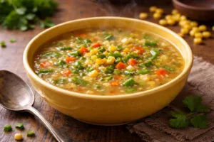 Sweet corn vegetable soup with corn kernels and vegetables served hot