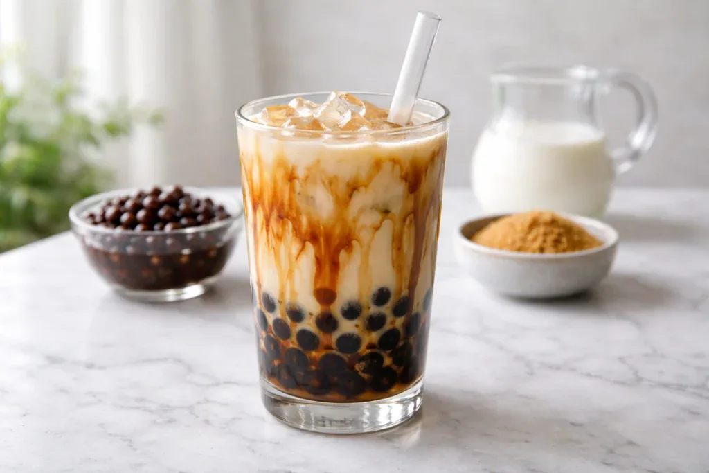 brown sugar boba tea in glass