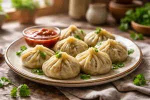 street style veg momos with red chutney