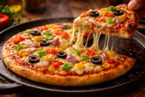 tawa pizza with melted cheese and veggies