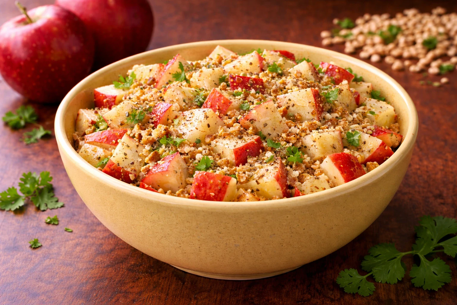 Apple peanut salad served fresh in a bowl