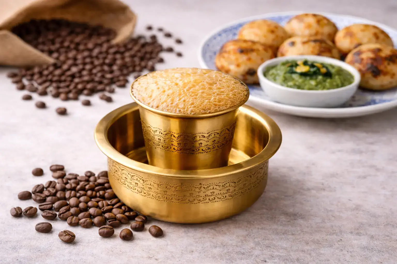 Authentic South Indian Filter Coffee served in traditional tumbler with frothy top