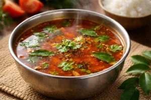 Authentic tomato rasam garnished with coriander and curry leaves