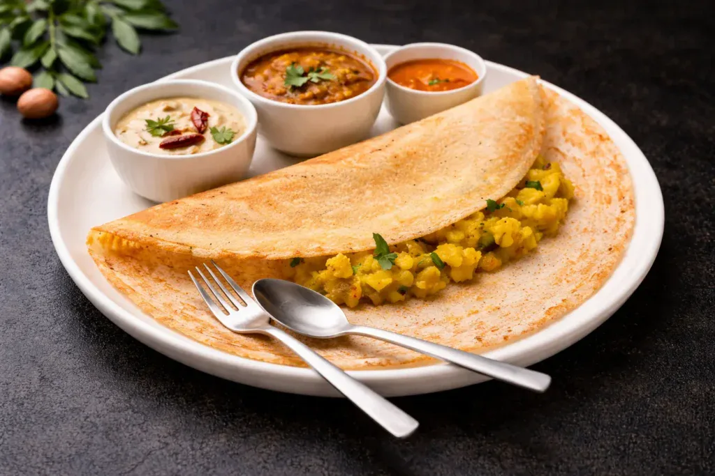 Crispy restaurant style masala dosa served with chutney and sambar