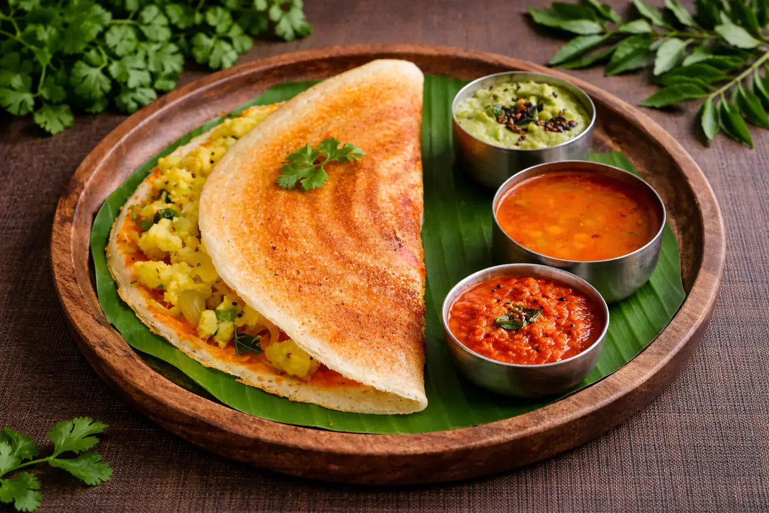 Hotel style Mysore Dosa with red chutney layer and potato filling served crispy