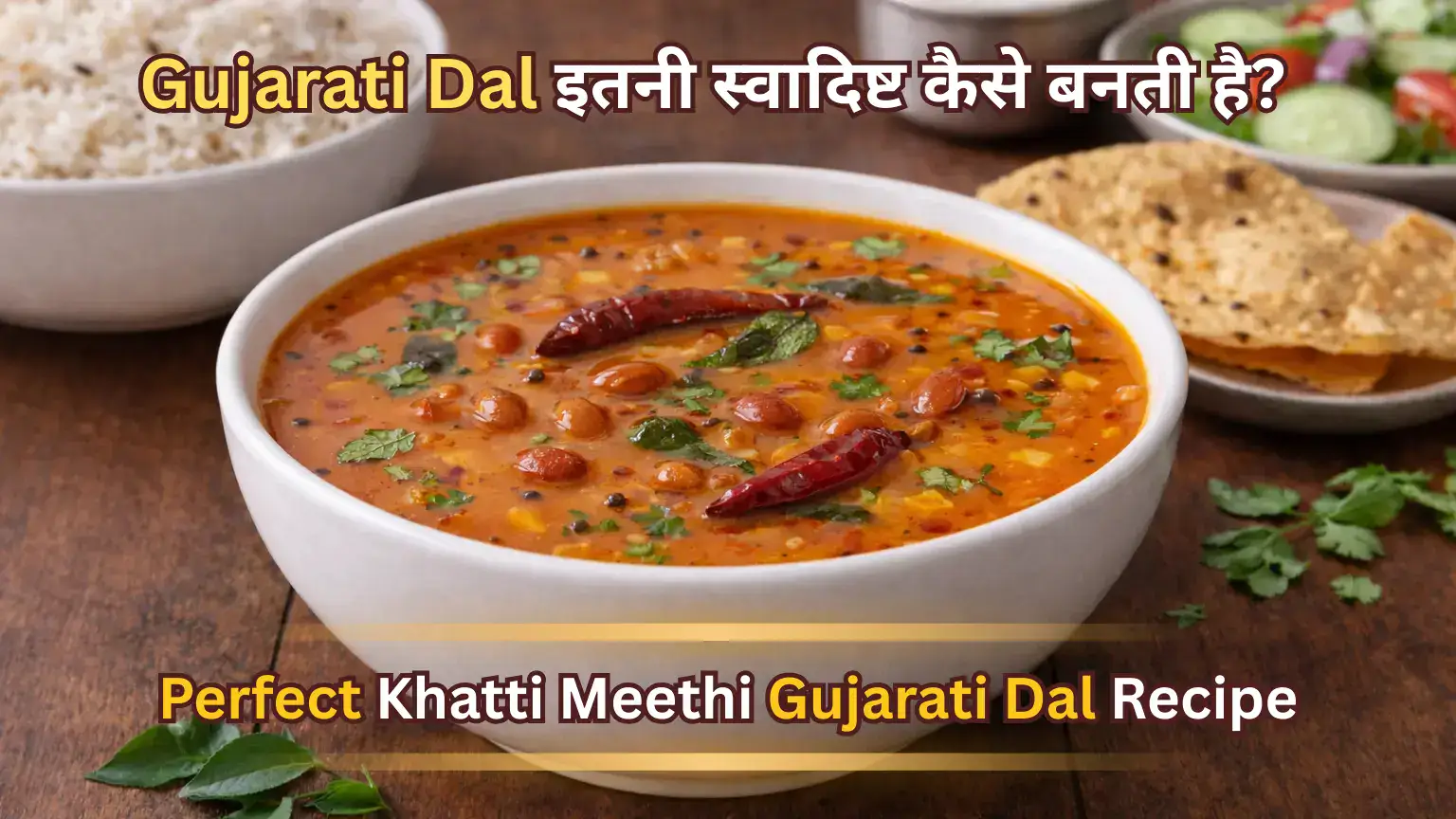 Perfect Khatti Meethi Gujarati Dal Recipe In Hindi served in a bowl with rice, papad and salad – traditional sweet and tangy Gujarati dal recipe.