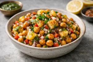 Street style aloo chana chaat served with onions and chutneys