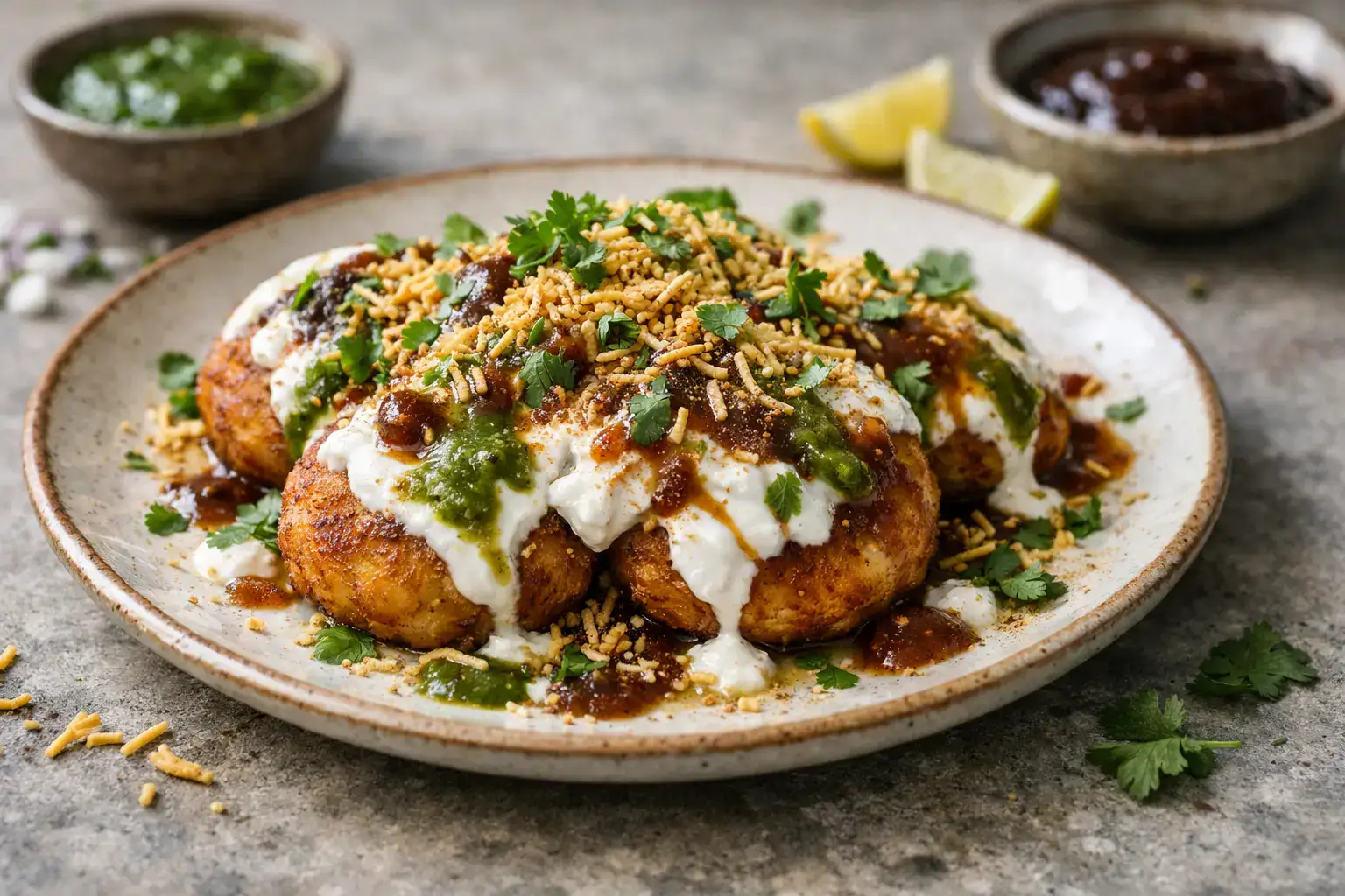 Street style aloo tikki chaat served with chutneys and curd