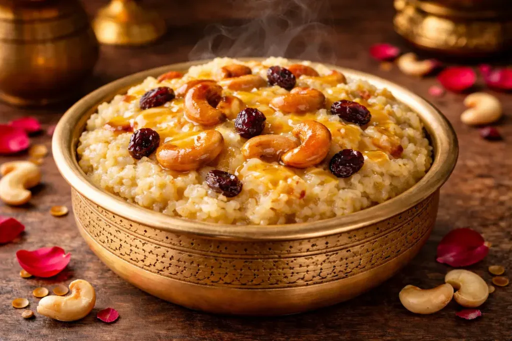 Temple style Sweet Pongal served hot with ghee, cashews and raisins in a traditional bowl