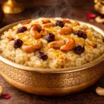 Temple style Sweet Pongal served hot with ghee, cashews and raisins in a traditional bowl