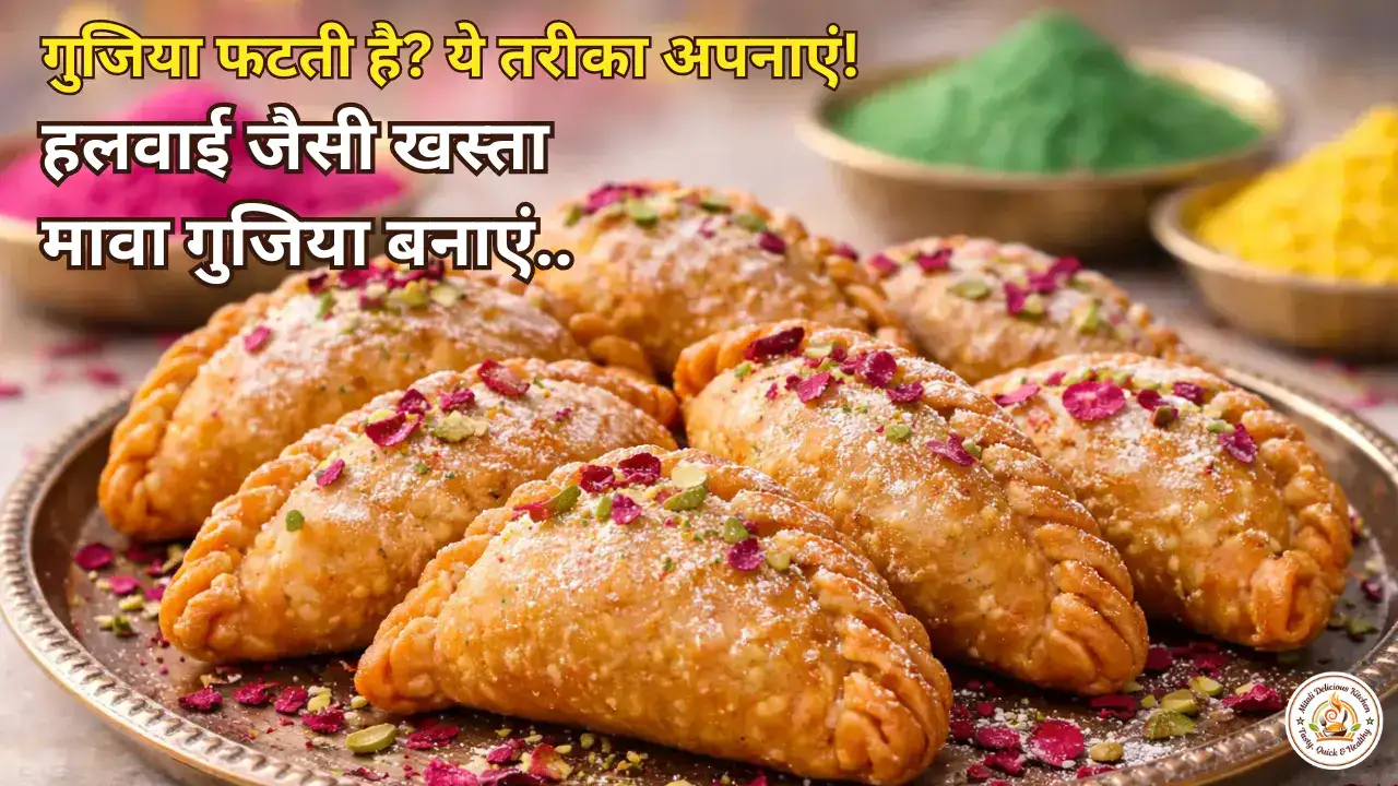 mawa gujiya recipe in hindi khasta gujiya halwai style gujiya plate mein dry fruits ke sath crispy gujiya