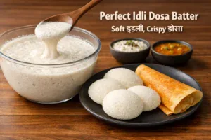 Idli Dosa Batter Recipe in Hindi – soft idli, crispy dosa, fermented batter texture, coconut chutney and sambar