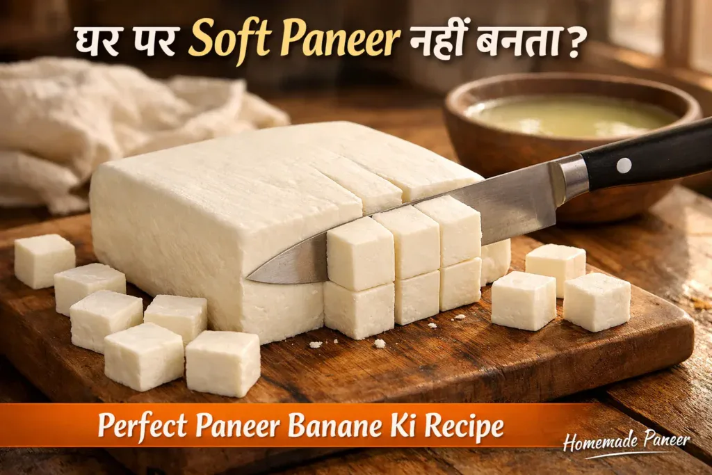 Paneer banane ki recipe – ghar par soft homemade paneer knife se cut hota hua wooden board par.