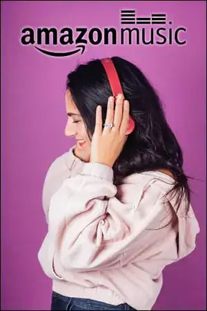 A person wearing headphones and a light pink sweater stands against a purple background with the Amazon Music logo above them.