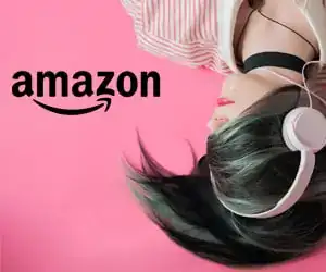 Person wearing headphones lies on a pink background next to the Amazon logo.