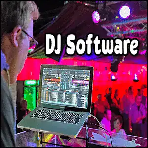 A person operates DJ software on a laptop at a club with colorful lights and people dancing in the background.