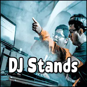 Two DJs wearing headphones perform at a DJ stand, with smoke and blue lighting in the background. The text "DJ Stands" appears at the bottom.