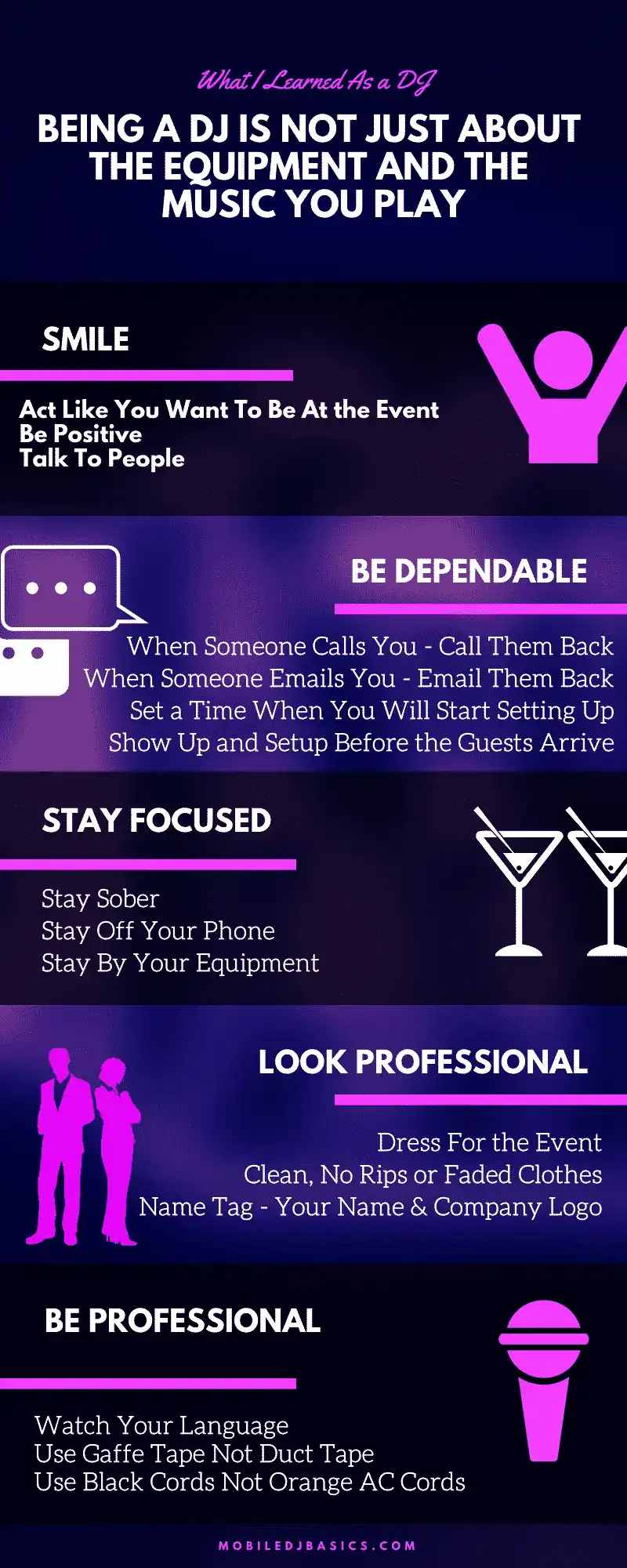 Infographic with tips for DJs: smile, be dependable, stay focused, look professional, be professional; includes advice on communication, appearance, and behavior at events.