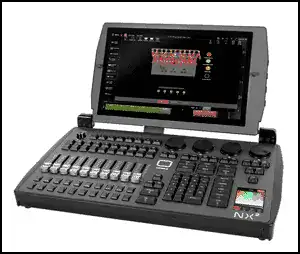 A professional lighting control console with a touchscreen, faders, buttons, and dials, displaying a lighting interface on the screen.