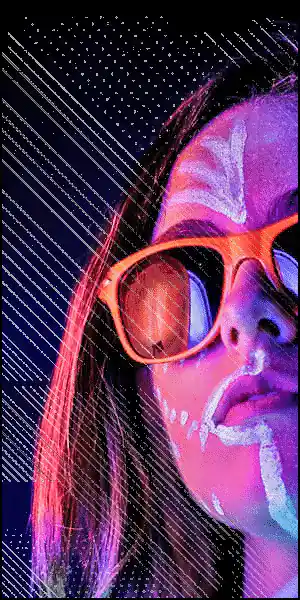 A person wearing orange sunglasses with white face paint under neon lighting, with diagonal light streaks and dots overlaying the image.