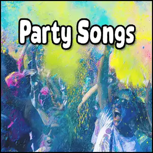 Crowd of people celebrating with colorful powder in the air, with the text "Party Songs" in bold white letters at the top.