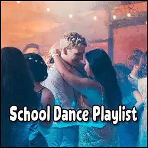 Teenagers dance closely under string lights at a school dance. Text on image reads "School Dance Playlist.