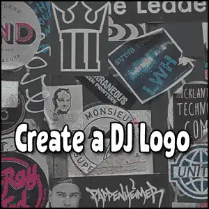 A collage of various stickers and logos forms the background, with the text "Create a DJ Logo" prominently displayed in bold white font in the center.