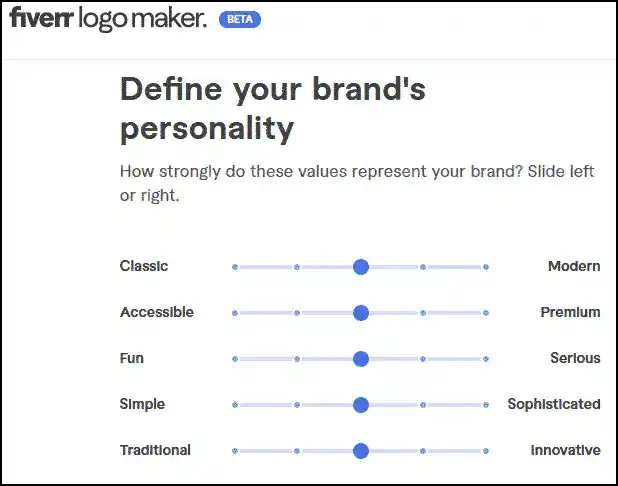 A Fiverr Logo Maker screen shows sliders to define a brand's personality, with options ranging from classic to modern, accessible to premium, and others.