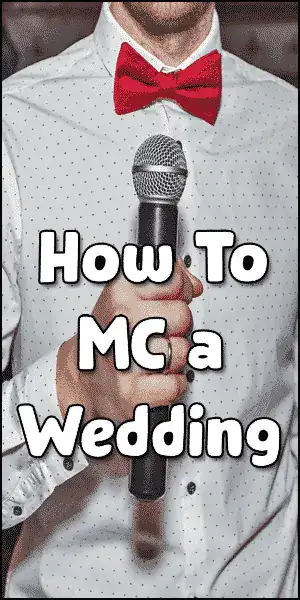 A person in a white dress shirt and red bow tie holds a microphone. Overlaid text reads, "How To MC a Wedding.