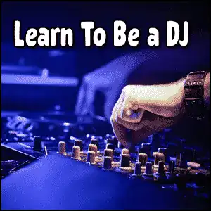 A person adjusts audio mixer controls with the text "Learn To Be a DJ" displayed above in bold white letters.