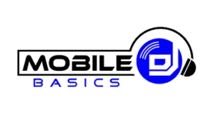 Logo with the words "Mobile Basics" in black and blue, featuring a stylized blue and white headphone graphic on the right side.