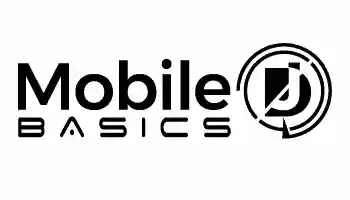 Black and white "Mobile Basics" logo with stylized text and a circular design featuring an abstract letter "M" to the right.