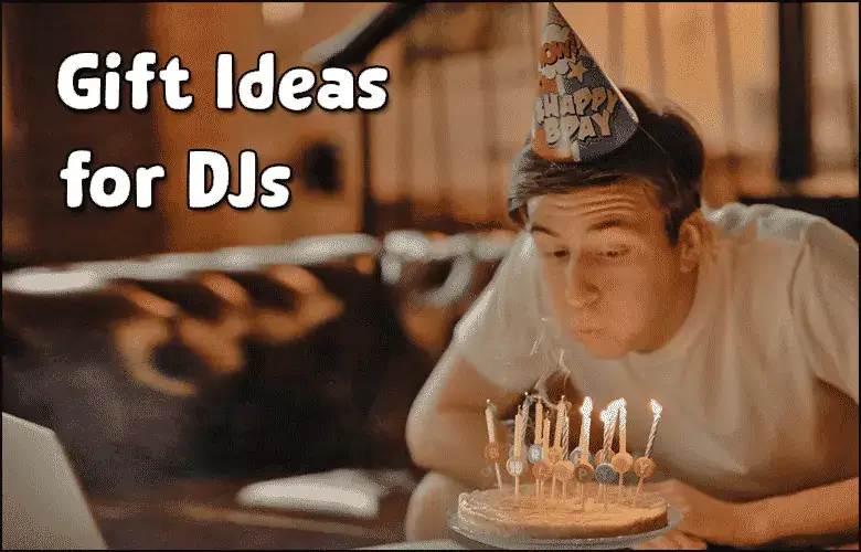 A person in a party hat blows out candles on a birthday cake while sitting in front of a laptop. The text reads "Gift Ideas for DJs.