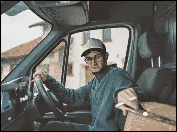 A person wearing glasses and a cap sits in a vehicle driver's seat, holding a cardboard box.