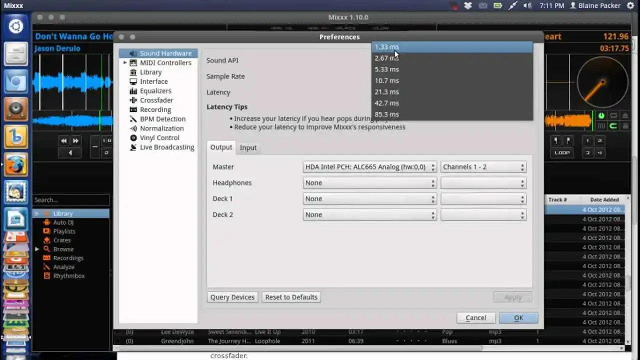 Screenshot of Mixxx Preferences window showing sound hardware settings, including sound API, sample rate, latency, and output device options.